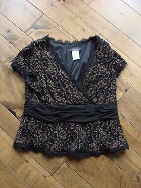 Black Gold Lace Blouse Top Ruched Waist Lace Fringe Trim Dressy Medium Large
